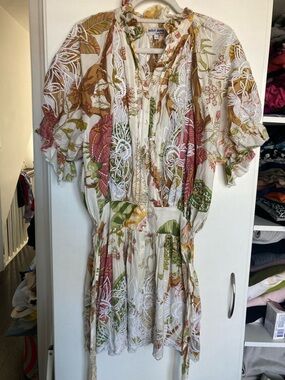 Juliet Dunn 1 S Florals Embroidered Mini Dress Blouson on white / cream cotton